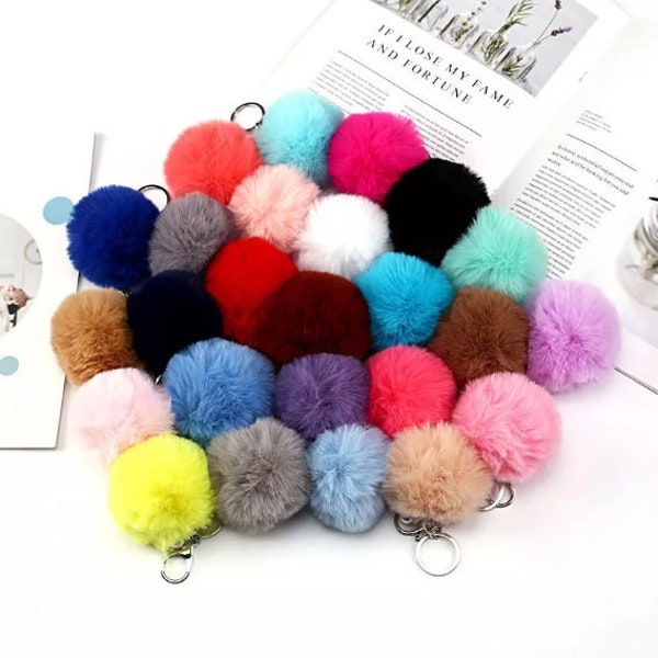 Pom Pom Keychain w/ pearl ~ Binder Keychain ~ Solid Color ~ Faux Fur