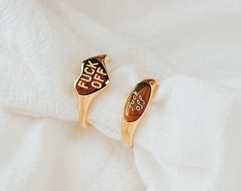 18K Gold Gold Fuck Off Ring, Heart Shaped Signet, Engraved Signet Ring, Fuck off Rings, Oval Signet Gold Ring, Signet Ring For Women