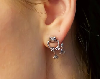 Frog Stud Earrings, Frog Ear Jewelry Silver, Animal Earring, Silver Earrings, Fun Earrings, Cute Frog Earrings, Frog earrings