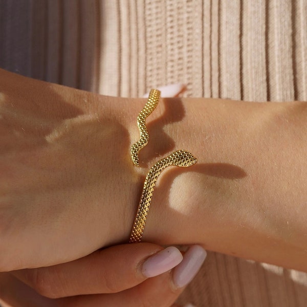 18K Gold Plated Open Adjustable Snake Bangle Bracelet, Stainless Steel Jewelry,  Bracelet For Women, Boho Bracelet, Snake Charm, Arm Cuff