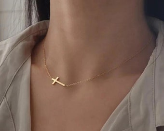 Sideways Cross Necklace, Dainty Gold Cross Necklace, Cross Necklace, Cross Choker Necklace, Horizontal Small Cross Pendant, Gift for Her