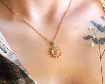 Sunflower Necklace, Flower Charm, Pendant with White Crystals on a Dainty Gold Plated Non Tarnish Chain, Delicate Gift for Women, Mom Gift