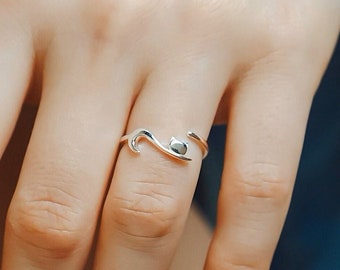 Sterling Silber Tier Ring, zierliche zarte Kätzchen Ring, verstellbarer Ring, Katzenschmuck, Geschenk für sie