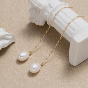 925 Sterling Silver Freshwater Pearl Dangle Earrings, Wedding Earrings, Chain Earrings, Statement Earrings, Bridesmaid Gifts, Christmas Gift image 4