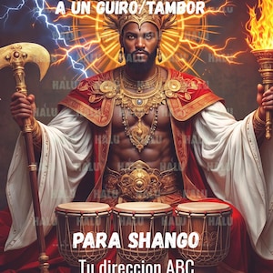 May include: A digital poster featuring a regal figure in red and white robes with a golden crown, holding a staff and a torch. Text reads: ESTAN INVITADOS A UN GUIRO/TAMBOR PARA SHANGO, Tu direccion ABC, Telefono 123-456-7890, Dia 08/09 a las 2pm.