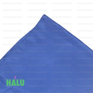 May include: A close-up of a corner of a solid blue fabric square with the text "HALU BOTANICA & BOUTIQUE" repeated in white text on the fabric.