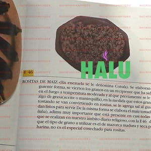 Może przedstawiać: Zbliżenie na brązowy, teksturowany, okrągły obiekt o szorstkiej powierzchni. Obiekt jest oznaczony napisem "HALU" zielonymi literami. W tle widoczny jest tekst "ROSITAS DE MAIZ".