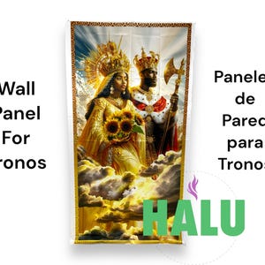 May include: A wall panel featuring a golden background with a king and queen in regal attire. The king wears a crown and holds a sword, while the queen holds a bouquet of sunflowers. The panel is framed with a gold border and has the text "Paneles de Pared para Tronos" at the top.