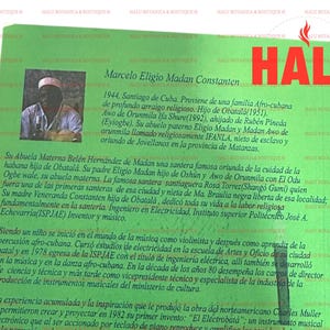 Może przedstawiać: Zielono-biała karta informacyjna ze zdjęciem mężczyzny w białej koszuli i czerwonym kapeluszu. Tekst na karcie brzmi "Marcelo Eligio Madan Constanten" i zawiera biografię mężczyzny. Karta zawiera r&oacute;wnież słowo "HALU" w czerwonych literach.