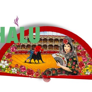 May include: A red fan with a decorative illustration. The fan features a woman in traditional attire, a bullfight scene, and the word "HALU" in green. Floral accents and a detailed design complete the aesthetic.