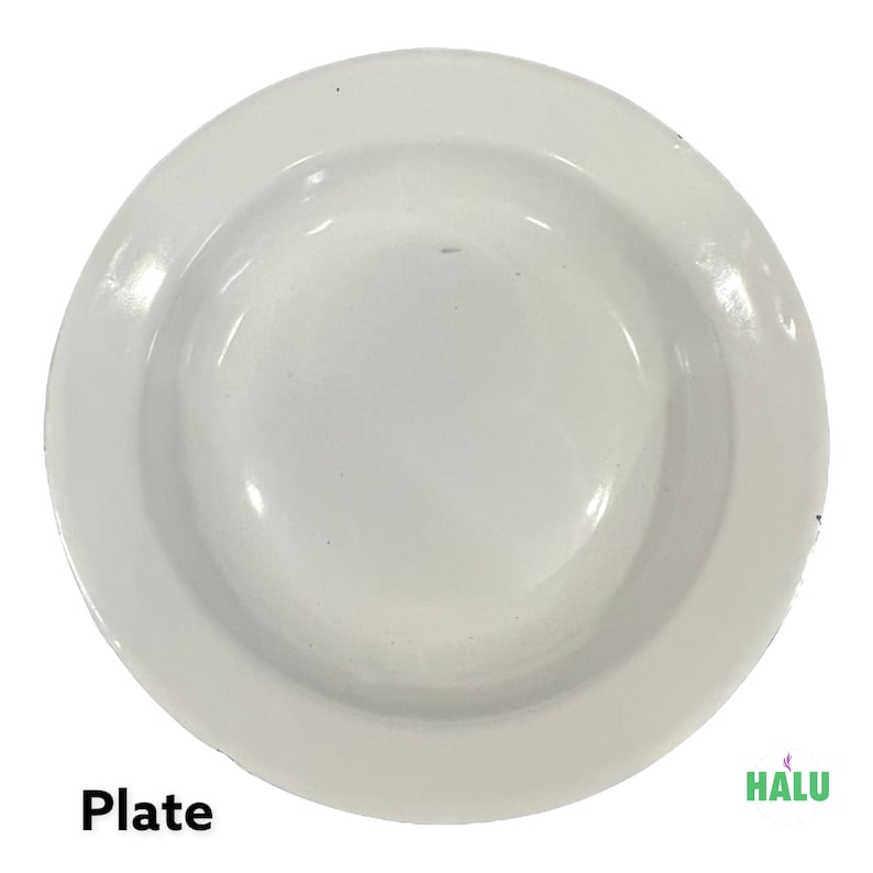 May include: A white ceramic plate with a slightly raised rim. The plate is clean and empty.