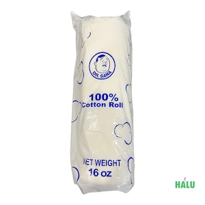 May include: A white roll of 100% cotton in a clear plastic bag. The bag has blue text that reads "100% Cotton Roll" and "Net Weight 16 oz". A cartoon of a man with a mustache is in a blue circle with the text "Dr. Sana" inside.