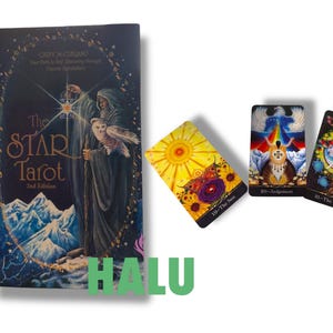 May include: A copy of The Star Tarot 2nd Edition book and three tarot cards. The book cover shows a celestial scene with a figure and an owl. The tarot cards are numbered 19, 20, and 21, with vibrant illustrations.