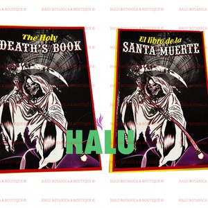 May include: Two book covers featuring a skeletal figure in a hooded robe holding a scythe. The book on the left is titled "The Holy Death's Book". The book on the right is titled "El libro de la Santa Muerte".