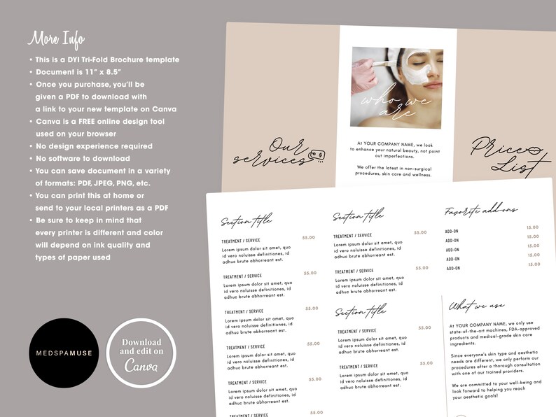 DIY Trifold Medspa Salon Printable Price List Menu, Editable Price