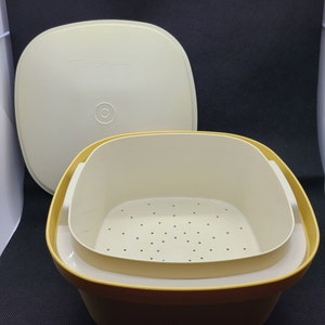 Vintage Tupperware #888 Microwave Steamer Square Serving Bowl 3pc - Harvest Gold