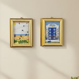 Set of 2 Porsgrund Handverks Tiles – Norway Design by Anne Marie Odegaard – Front Door & Swallows – Framed Art
