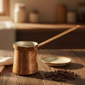 May include: A copper cezve, a traditional Turkish coffee pot, sits on a wooden table next to a small plate and a pile of coffee beans. A linen napkin is folded nearby. The cezve has a long handle.