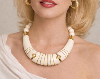 Vintage Postmodern Plastic Statement Necklace, Cream Beaded Geometric Collar, 80s 90s Avant Garde Jewelry