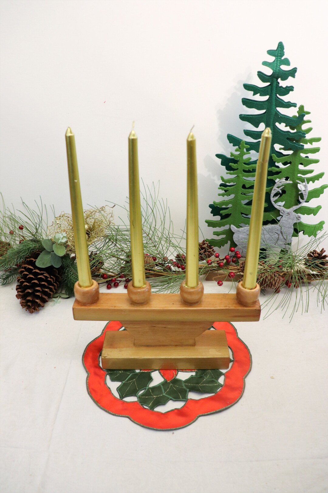Large Vintage Swedish Wooden Candelabra Scandinavian Candlestick