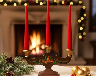 Vintage Swedish Wooden Candelabra for 3 Candles, Hand Painted Folk Art Candle Holder, Scandinavian Christmas Decor