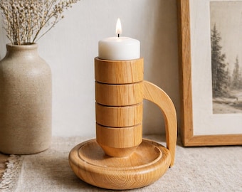 Vintage Handcrafted Wooden Candle Holder Scandinavian Nordic Design Rustic Minimalist Wood Candlestick Natural Home Decor