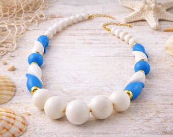 VINTAGE 80er Jahre Lucite Blau Weiß Perlen Kette Vintage Style Statement Schmuck Sommer Nautik Perlen Gold Ton