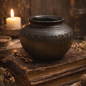 Puede incluir: Una olla de cerámica negra, oscura y texturizada, con un patrón decorativo cosido en el centro. La olla está sobre una pila de libros antiguos, con una vela encendida y llaves antiguas cerca, creando una estética vintage.
