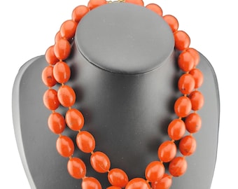 Vintage Long Bakelite Necklace Coral Color | 1980s Retro Statement Jewelry | Mid-Century Beaded Necklace