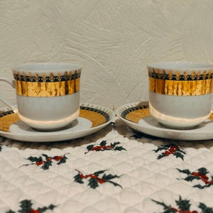Set of two Vintage H&C Czechoslovakia Porcelain Tea Cup and Saucer Set White Gold Green, Christmas present, Housewarming present