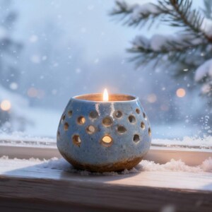 Può includere: Un portacandele in ceramica blu chiaro acceso, con intagli circolari, è appoggiato su un davanzale innevato. La fiamma della candela brilla su un paesaggio innevato, creando un'atmosfera invernale calda.