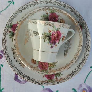 TRIO cup with flowers, saucer, dessert plate, Czechoslovakia Porcelain Tea Cup and Saucer Christmas present, Housewarming present