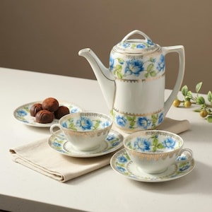 Antique Pirkenhammer, Moritz Zdekauer, Tea Set – 1920s Porcelain – Blue Roses & Gold Gilding, Czechoslovakia, Austria