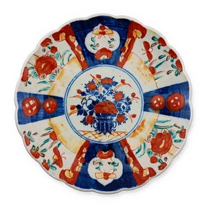 Antique Japanese Imari Plate Arita – Hand-Painted Floral Basket Design, Scalloped Rim, Circa 1900s
