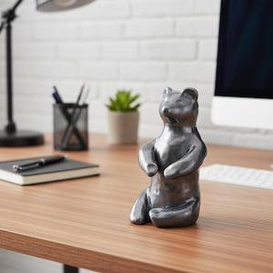 Pode incluir: Uma estatueta de urso cinza escuro em posição sentada com os braços cruzados. O urso é feito de um material liso e metálico e está sobre uma mesa de madeira. O fundo inclui uma parede de tijolos brancos, uma lâmpada de mesa e um monitor de computador.