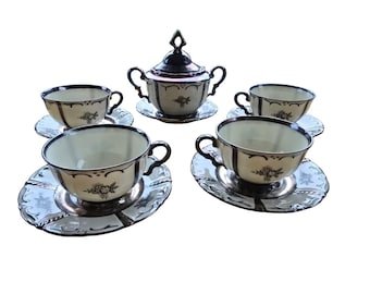Vintage Silver-Plated Porcelain Tea Set – Rudolf Wächter Bavaria RWK – Germany, Mid-Century