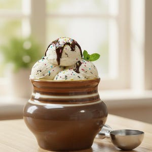 May include: A ceramic bowl filled with vanilla ice cream scoops, drizzled with chocolate sauce and sprinkles, and garnished with a mint leaf. The bowl is brown with horizontal stripes and sits on a wooden table, with a small metal scoop nearby.