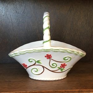 Waterford Heirloom Porcelain Flower Basket with Handle, Decorated with Red Flowers and Green and Brown Curling Vines
