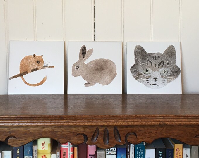 Three Ceramic Animal Tiles Rabbit, Doormouse, and Cat, Made in