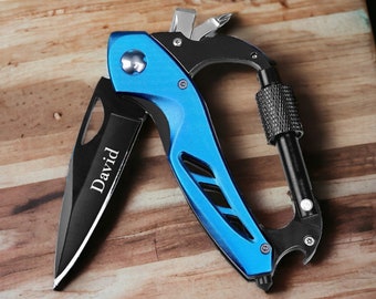 Personalized CARABINER Pocket Knife Multitool Keychain Knive Custom Engraved Camping Fishing Gift for Him Dad Men Son Boyfriend Birthday Son