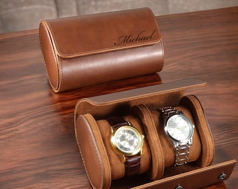Personalized LEATHER WATCH CASE for Men Travel Roll Box Display Organizer Groomsmen Birthday Gift for Him Dad Anniversary Custom Engraved