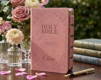 Personalized Tabbed Pink KJV LEATHER BIBLE with Tabs Christian Birthday Gift for Her Mom Grandma Wedding Graduation Custom Engraved