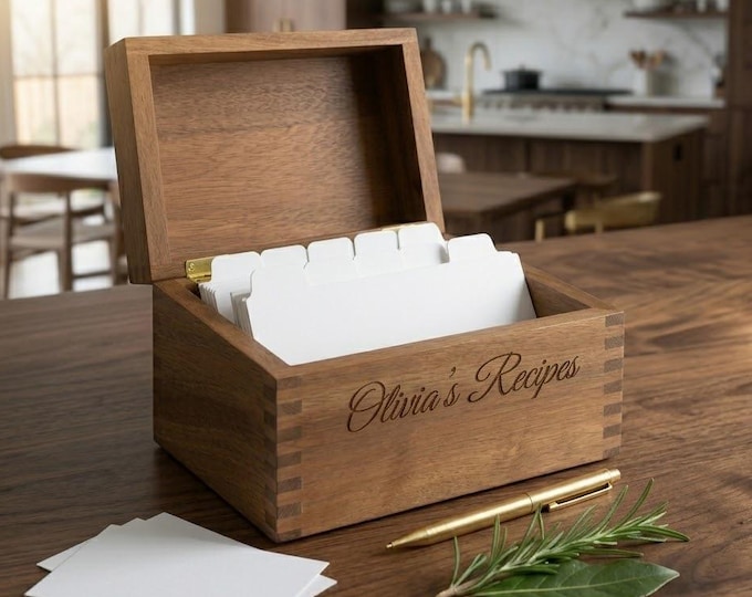Personalized Wood RECIPE BOX Card Holder Housewarming Home Cooking Baking Kitchen Wedding Birthday Gift for Her Mom Grandma Custom Engraved