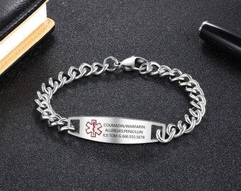 Personalized MEDICAL ALERT BRACELET Custom Engraved Custom Emergency Contact Life Id Bracelets Badge Band Tag Jewelry Men Women Mom Dad