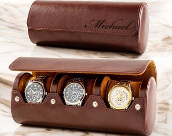 Personalized LEATHER 3 WATCH CASE for Men Box Display Organizer Husband Groomsmen Birthday Gift for Him Dad Boyfriend Name Custom Engraved