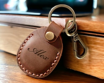 Personalized AIRTAG HOLDER Case Leather Keychain Key Chain Keyring Birthday Gift for Him Dad Her Mom Men Women Custom Engraved