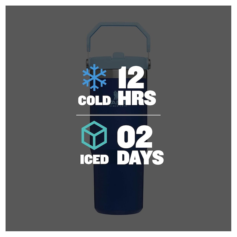 May include: A blue stainless steel tumbler with a blue handle. The tumbler has a snowflake icon and the text "12 COLD HRS" and a cube icon and the text "02 ICED DAYS".