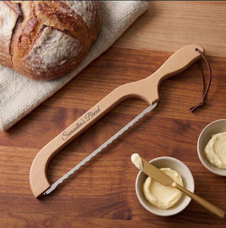 Personalized BREAD KNIFE BOW Slicer Sourdough Cooking Chef Kitchen Baking Housewarming Home Birthday Gift for Her Mom Women Custom Engraved Light Wood