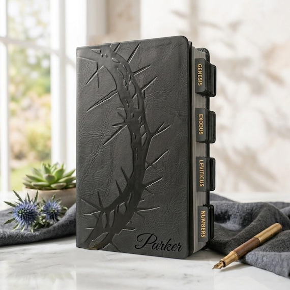 Personalized Tabbed Black ESV LEATHER BIBLE with Tabs Christian Birthday Gift for Him Her Wedding Graduation Pastor Custom Engraved