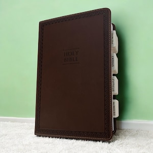 Custom Brown NIV Tabbed BIBLE with Tabs Catholic Gift for Him Dad Men Her Women Confirmation Baptism Christian Wedding Birthday Christmas